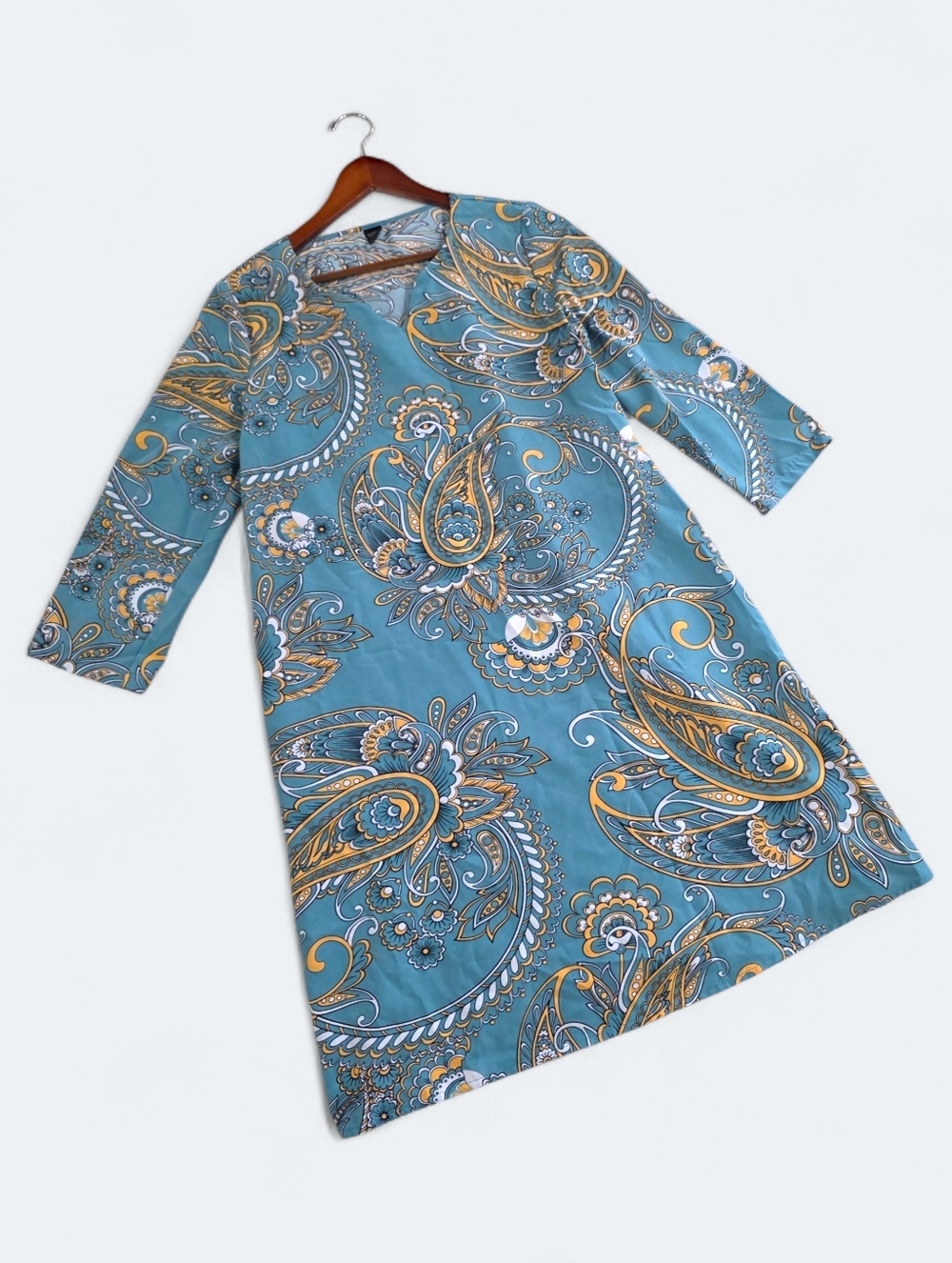 EMERY ROSE Paisley Print Notched Neck Tunic Dress - Size Small - Blue/Gold